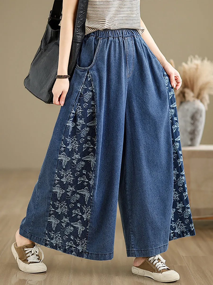 vintage summer butterfly denim pants, wide-leg spliced, KL1037