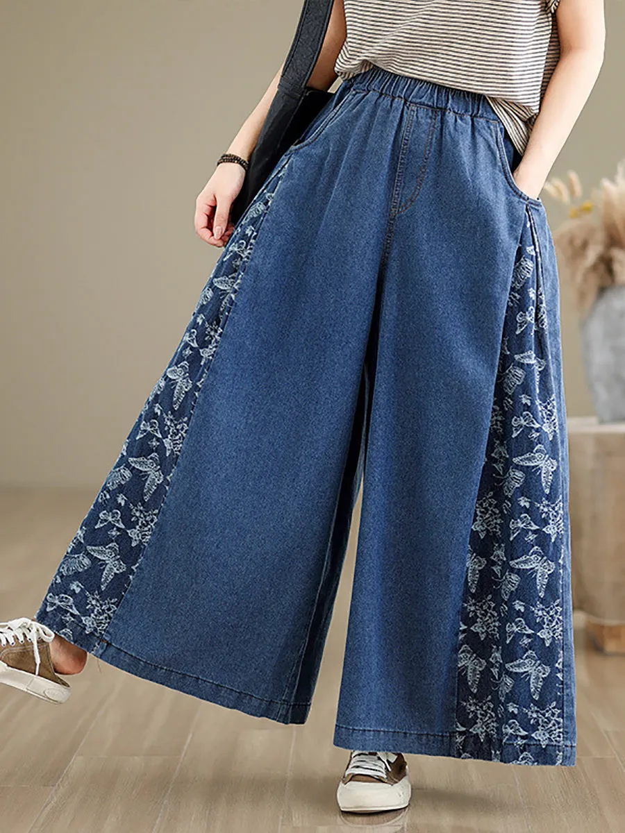 vintage summer butterfly denim pants, wide-leg spliced, KL1037