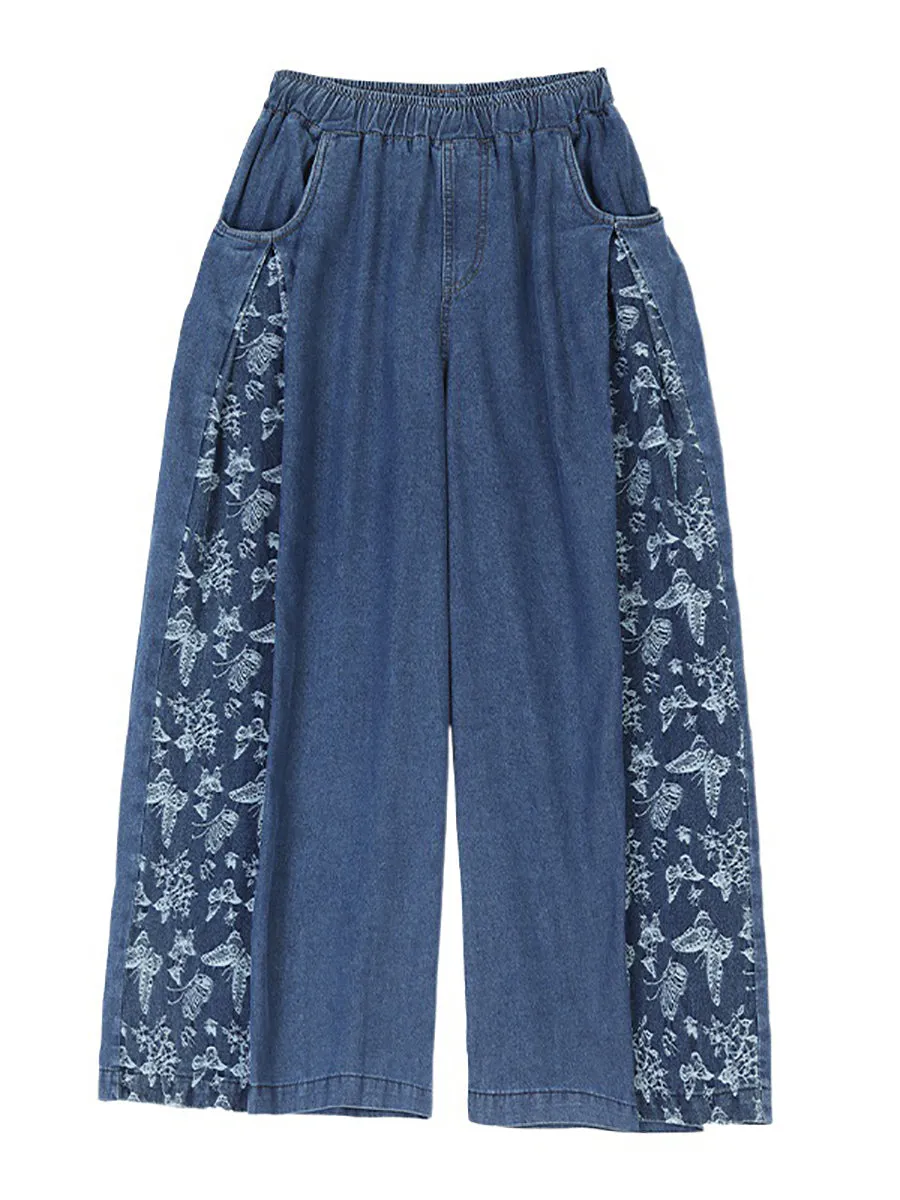 vintage summer butterfly denim pants, wide-leg spliced, KL1037