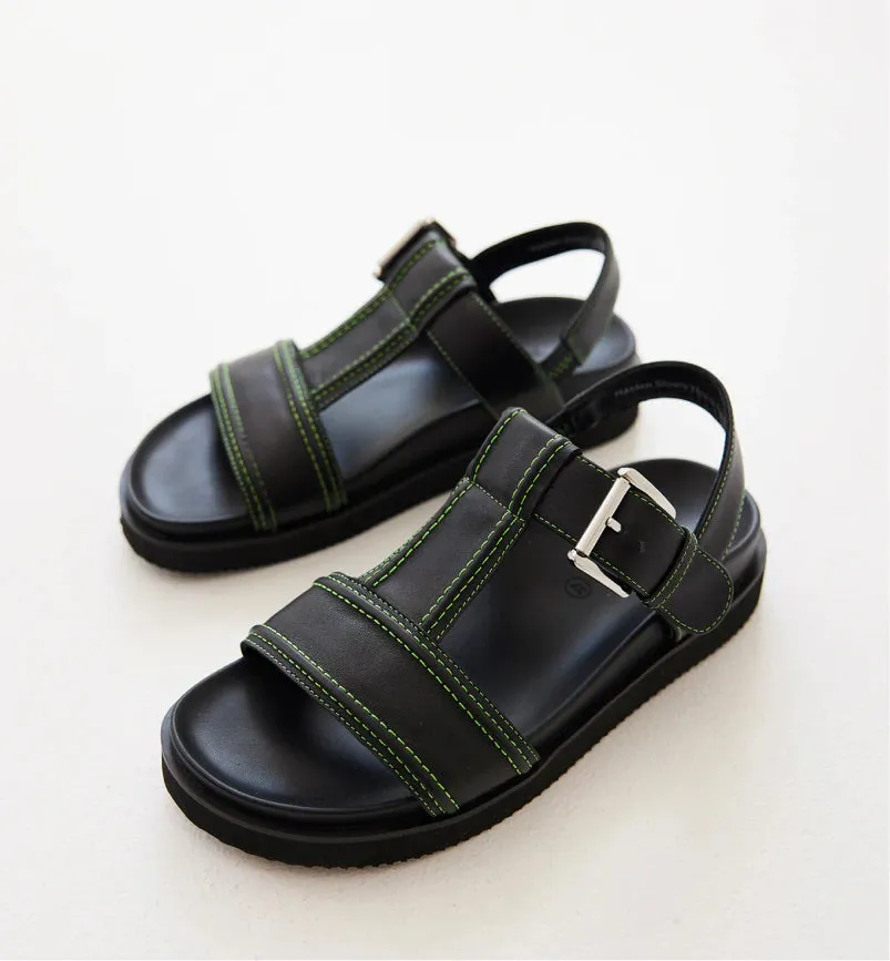 Visby T-Bar Sandal - Black Leather with Green Topstitch | Buy Online Now