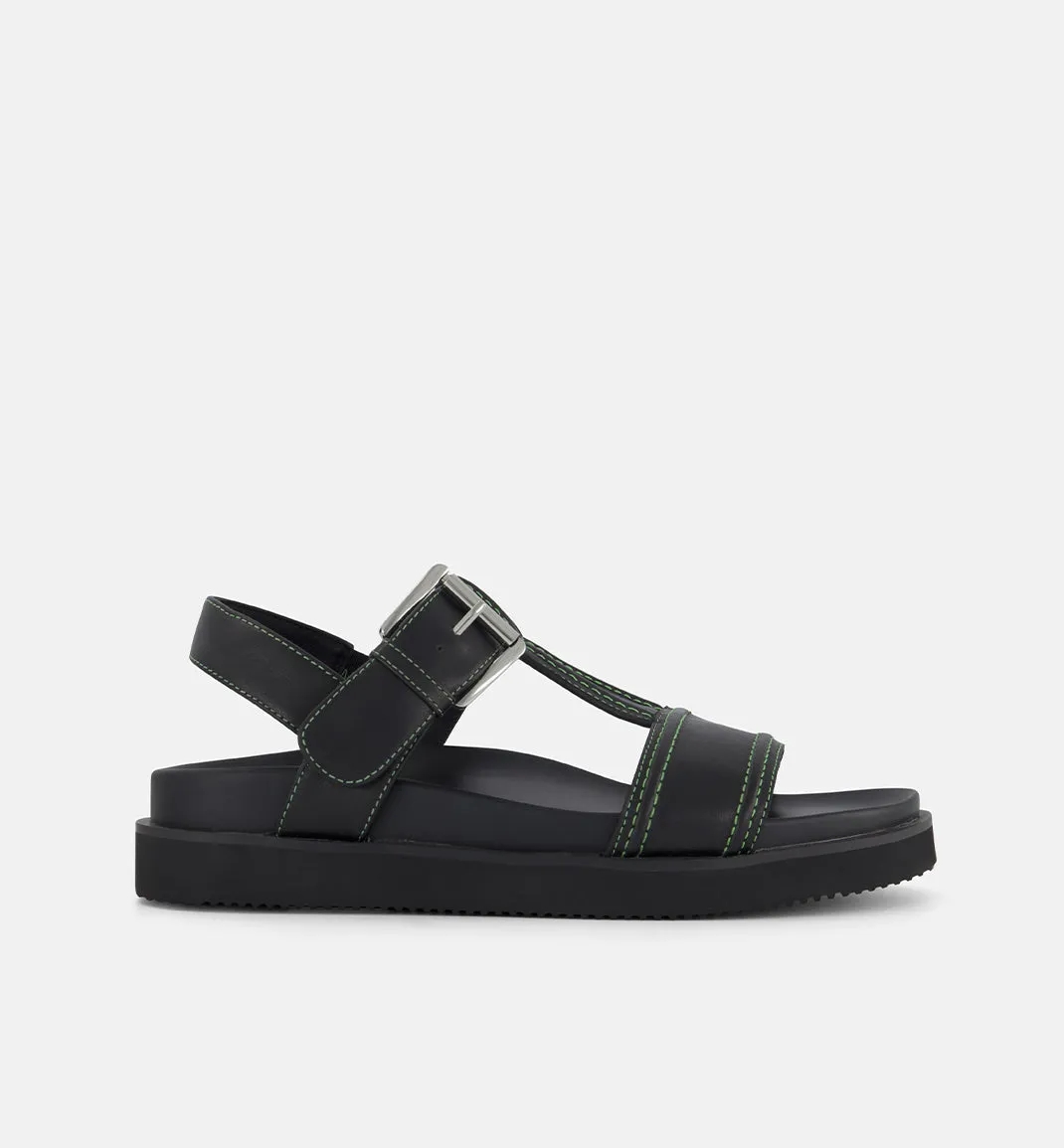 Visby T-Bar Sandal - Black Leather with Green Topstitch | Buy Online Now