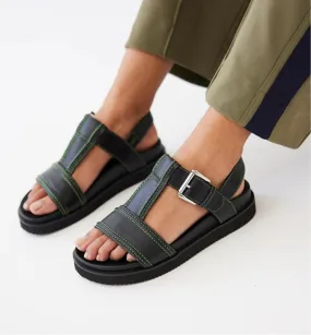 Visby T-Bar Sandal - Black Leather with Green Topstitch | Buy Online Now