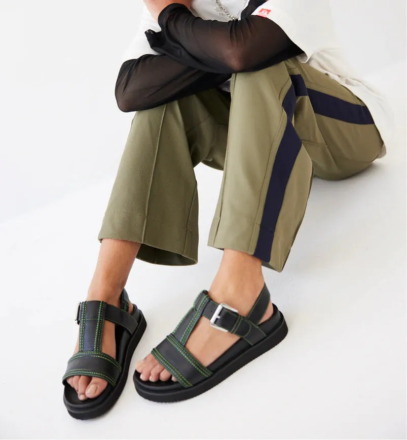 Visby T-Bar Sandal - Black Leather with Green Topstitch | Buy Online Now