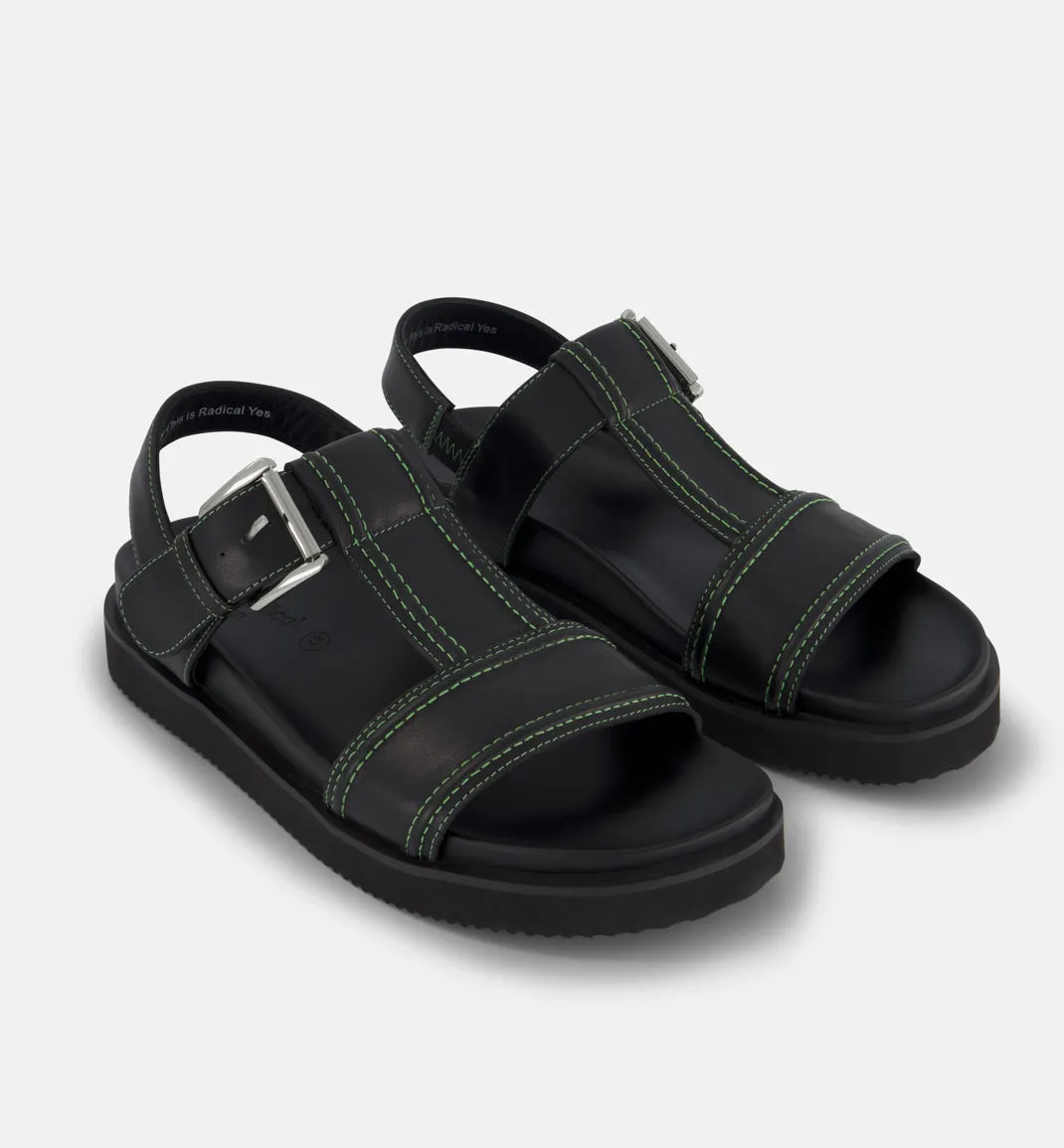 Visby T-Bar Sandal - Black Leather with Green Topstitch | Buy Online Now