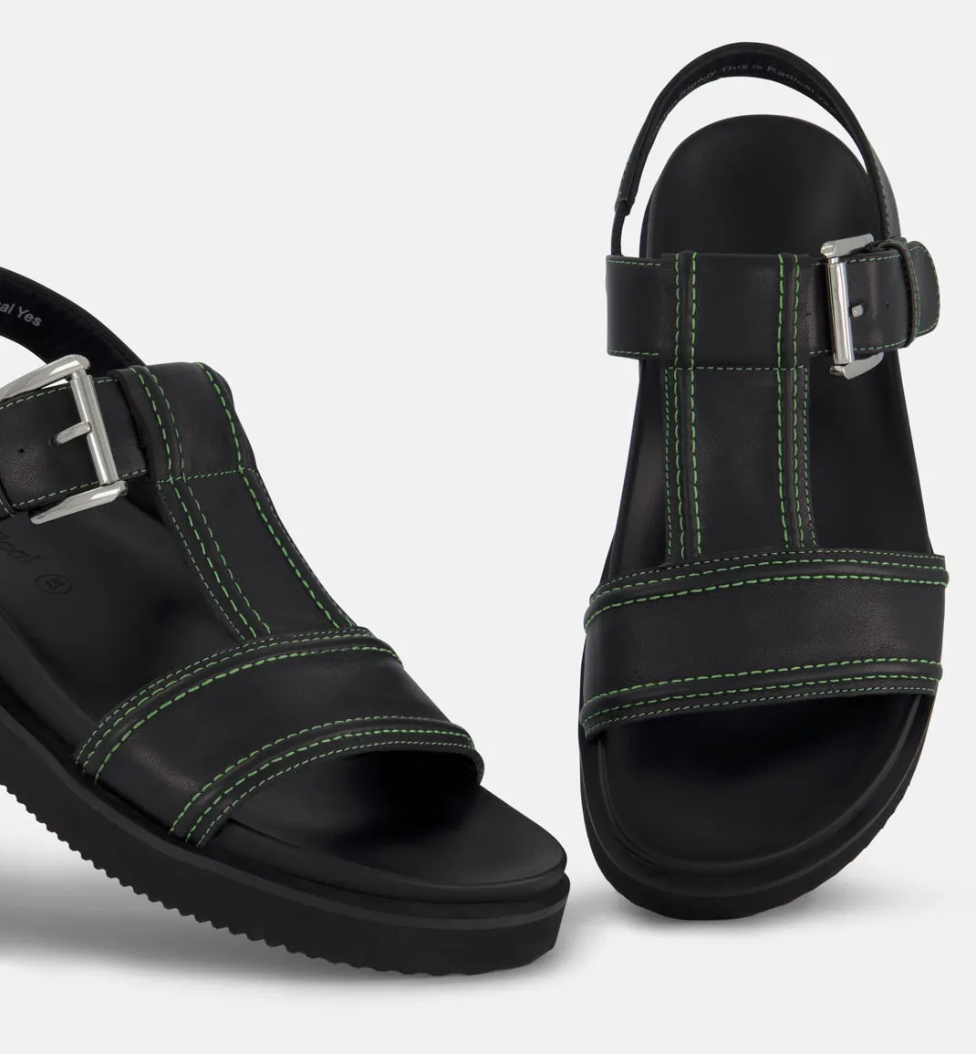 Visby T-Bar Sandal - Black Leather with Green Topstitch | Buy Online Now