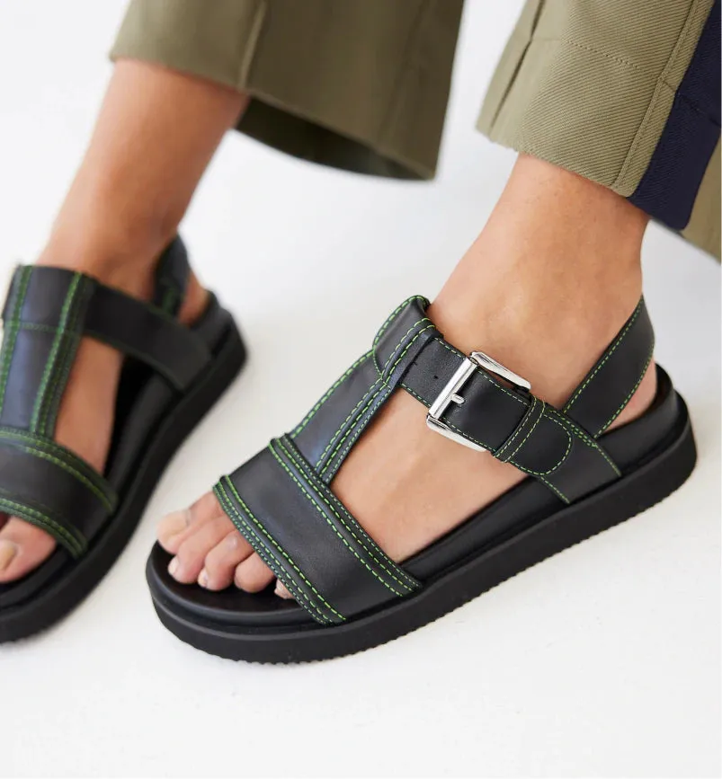 Visby T-Bar Sandal - Black Leather with Green Topstitch | Buy Online Now