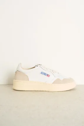 White leather and beige suede low top sneakers