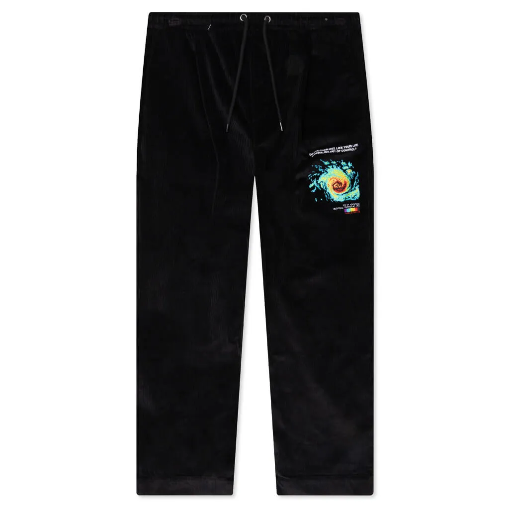 Wide leg black corduroy pants.