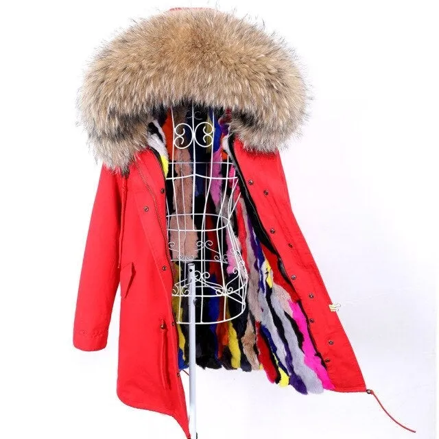 Winter Fur Collared Jacket - Women's Winter Jacket with Removable Rabbit Fur Lining