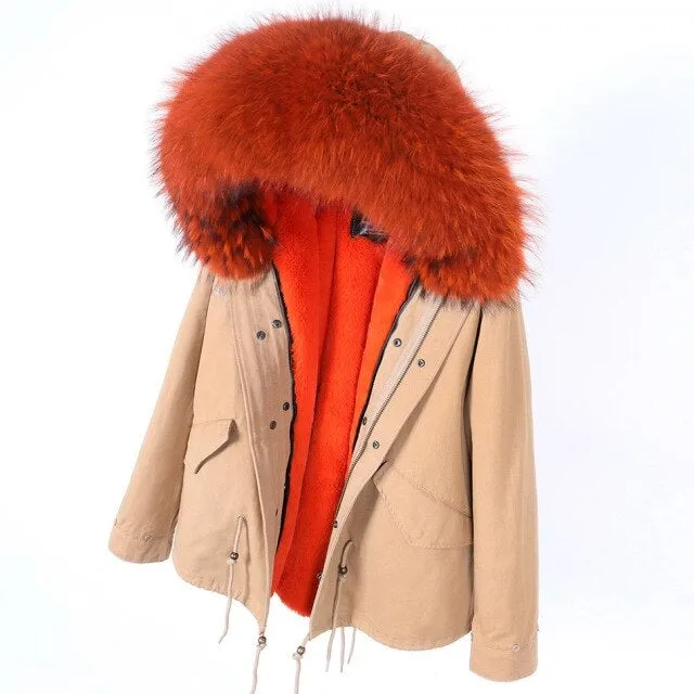 Winter Jacket with Natural Raccoon Fur Collar for Women