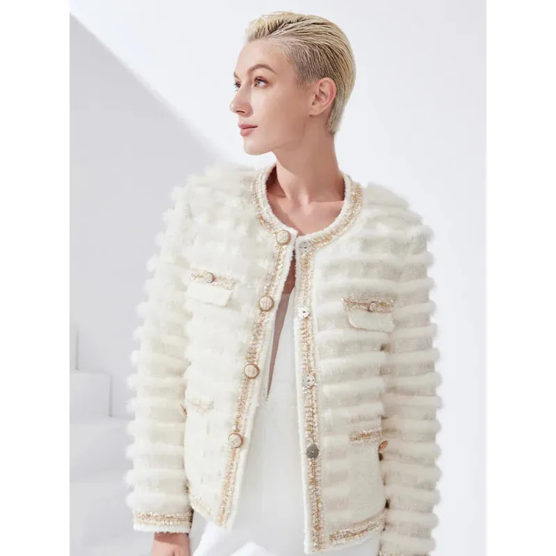 Winter Striped Leather Mink Fur Jacket for Women