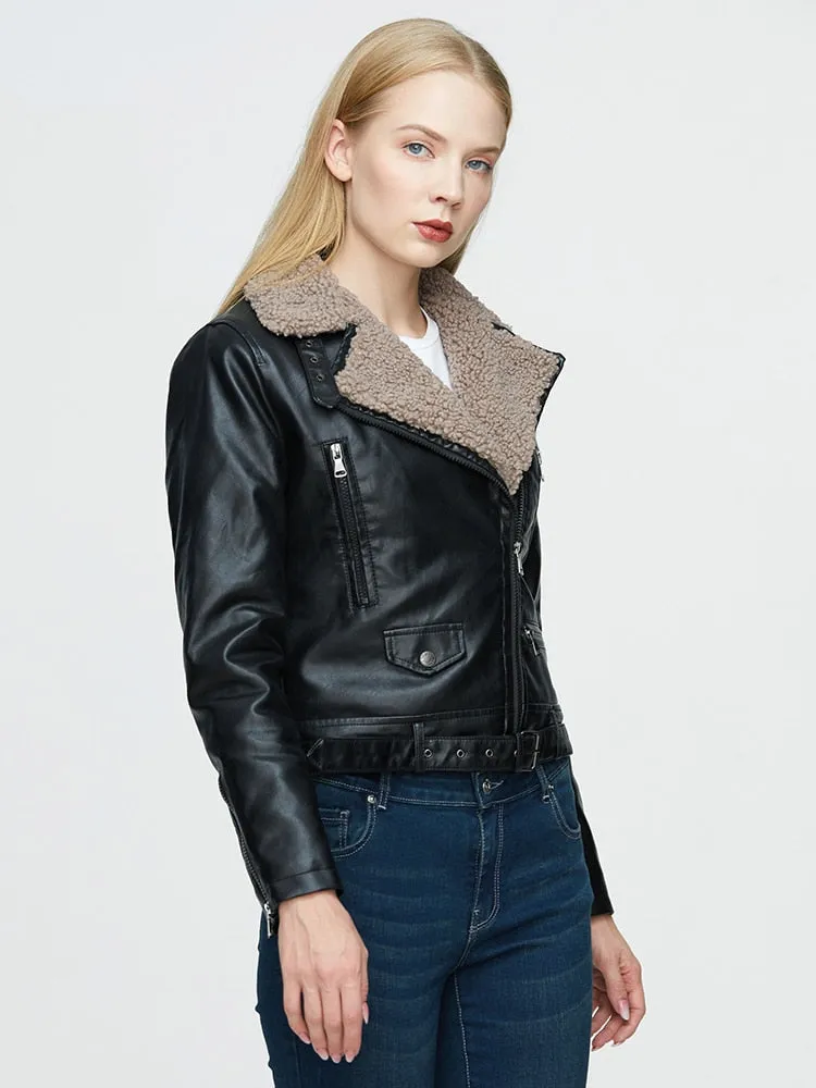 Winter Women's Synthetic Leather Jacket - Thick Warm Short Coat with Belt