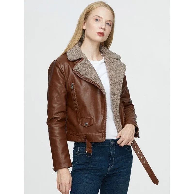 Winter Women's Synthetic Leather Jacket - Thick Warm Short Coat with Belt