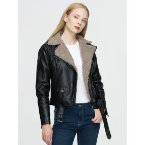 Winter Women's Synthetic Leather Jacket - Thick Warm Short Coat with Belt