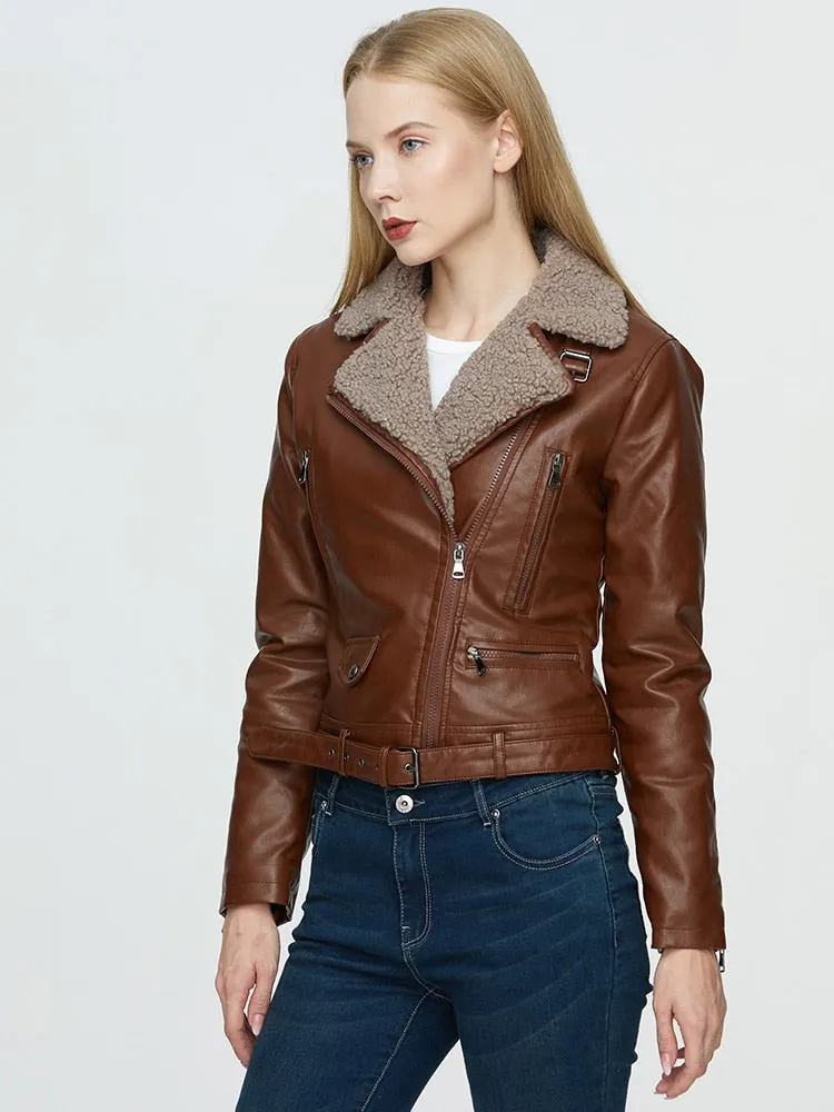 Winter Women's Synthetic Leather Jacket - Thick Warm Short Coat with Belt