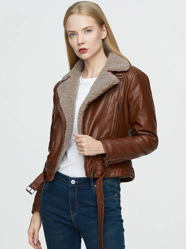 Winter Women's Synthetic Leather Jacket - Thick Warm Short Coat with Belt