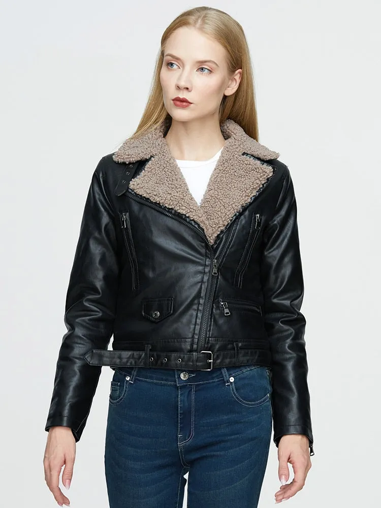 Winter Women's Synthetic Leather Jacket - Thick Warm Short Coat with Belt