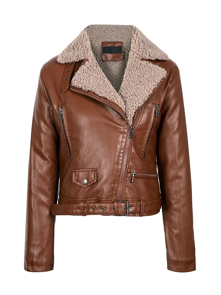 Winter Women's Synthetic Leather Jacket - Thick Warm Short Coat with Belt