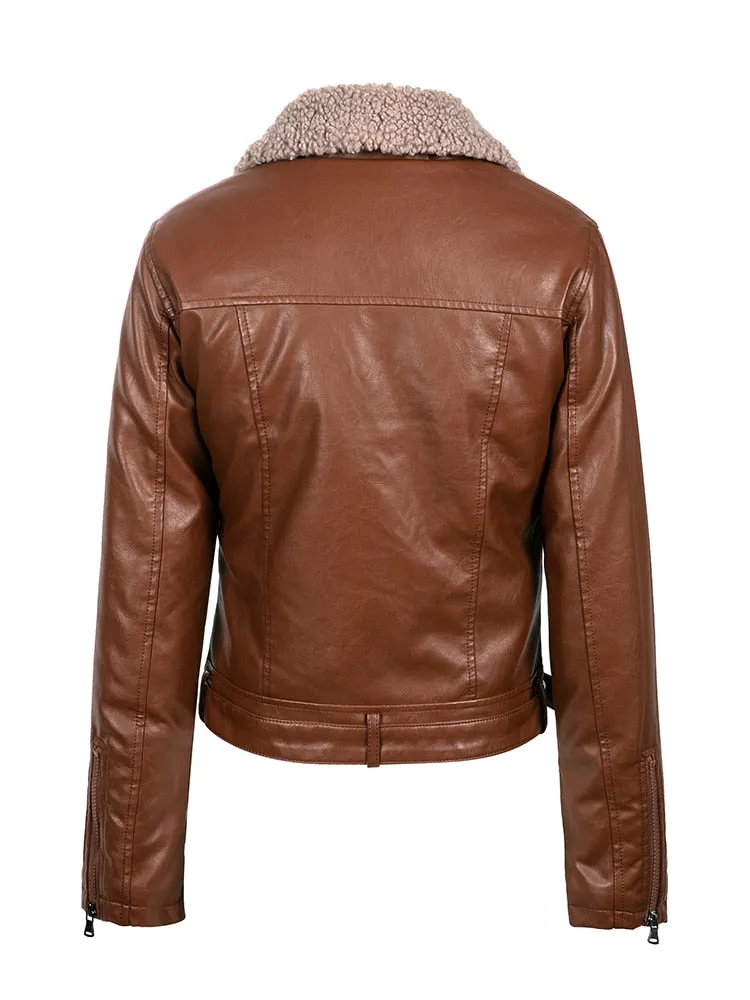 Winter Women's Synthetic Leather Jacket - Thick Warm Short Coat with Belt