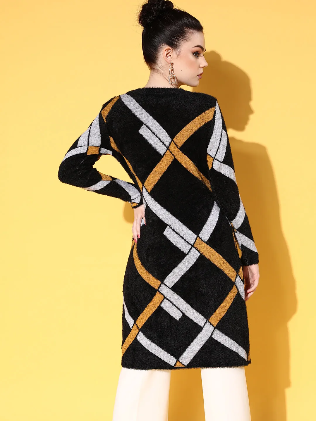 Women Black & Mustard Check Hair Wool Long Sweater