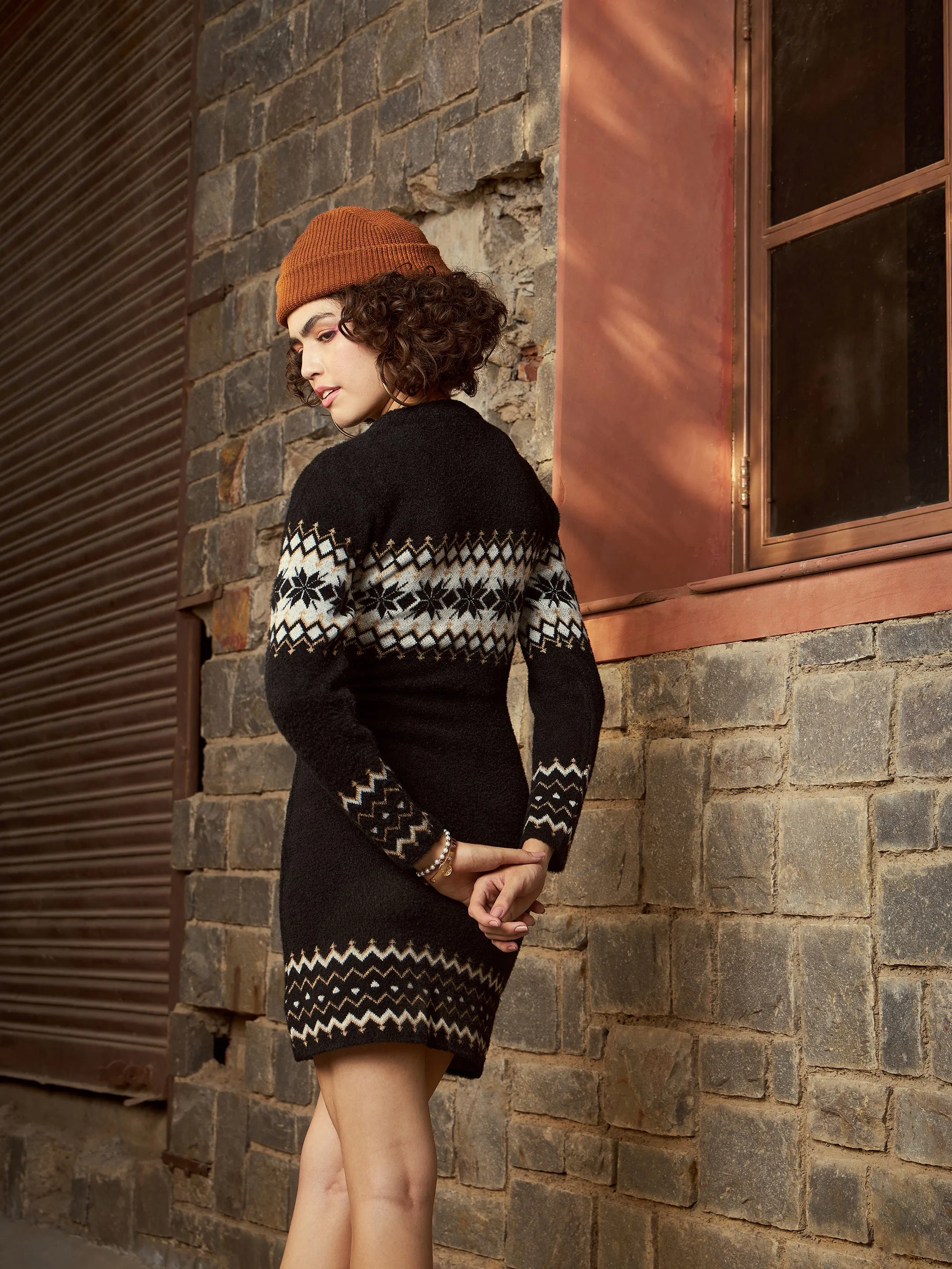 Women Black Geo Border Woolen Sweater Dress