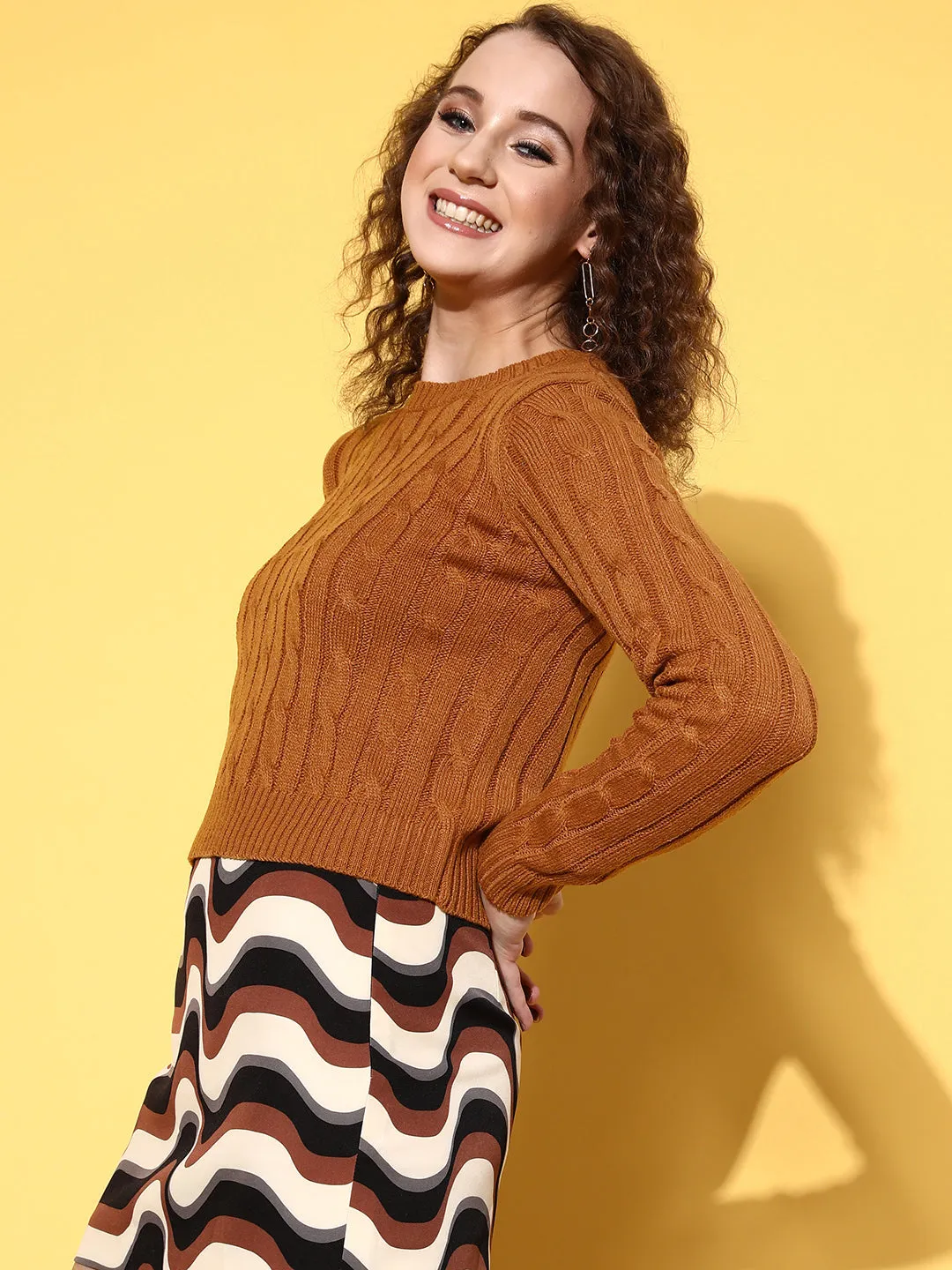 Women Brown Cableknit Full Sleeves Sweater