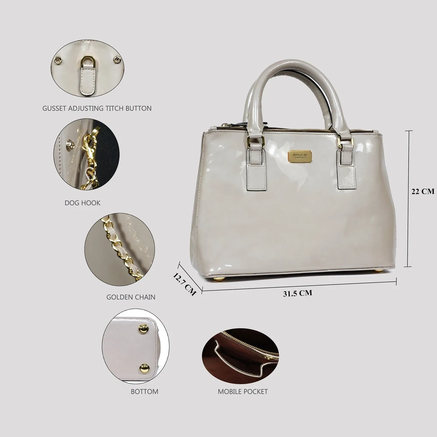 Women Fashion Tote Bag in Patent Beige Leather