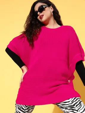 Women Fuchsia Knit Side Button Poncho Sweater