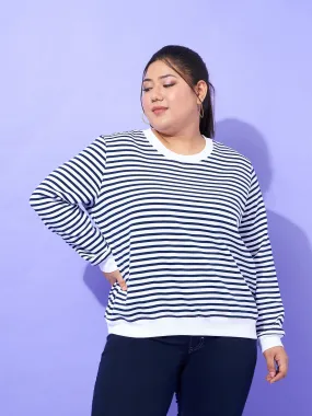 Women Navy & White Striped Full Sleeves Sweater