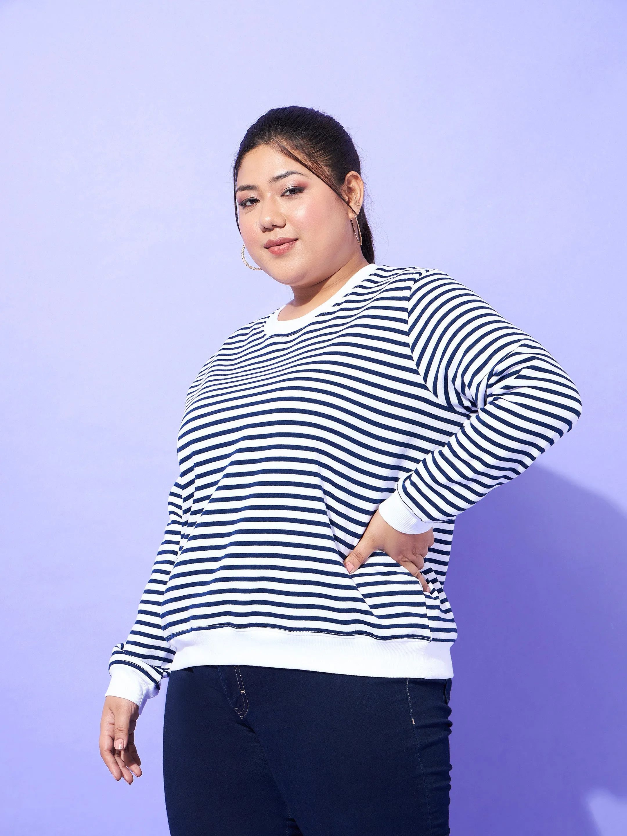 Women Navy & White Striped Full Sleeves Sweater