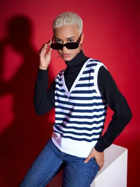 Women Navy & White Striped V-Neck Sleeveless Sweater