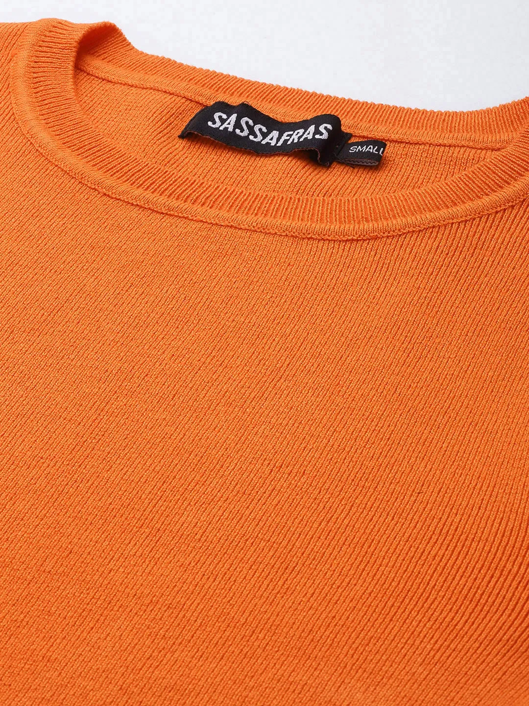 Women Orange Rib Round Neck Full Sleeves Crop Sweater