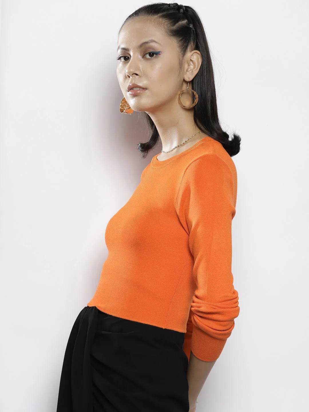 Women Orange Rib Round Neck Full Sleeves Crop Sweater