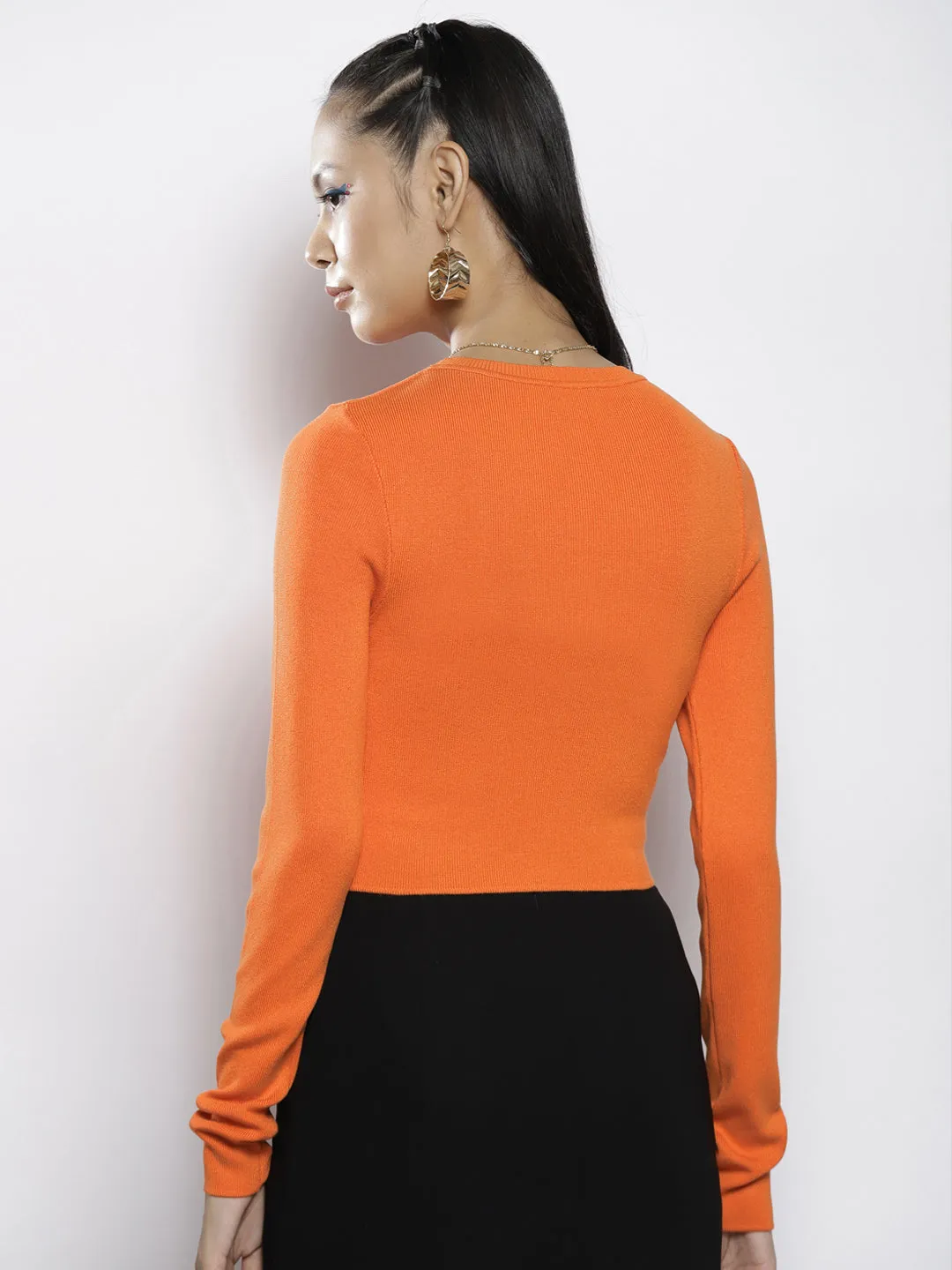 Women Orange Rib Round Neck Full Sleeves Crop Sweater