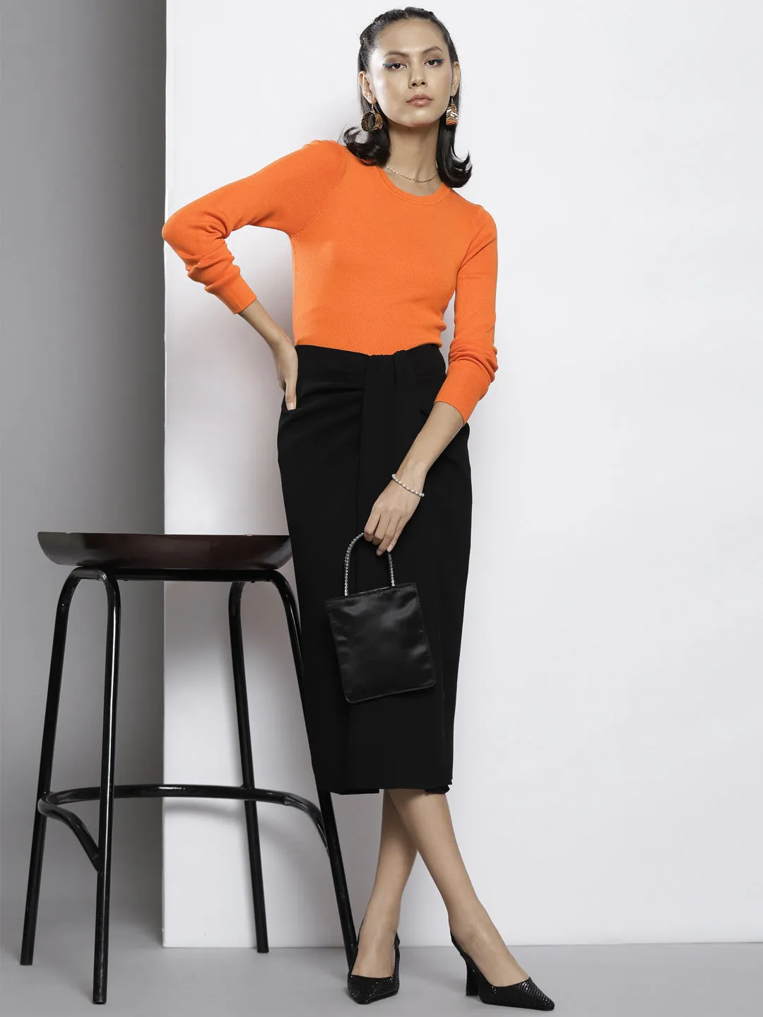 Women Orange Rib Round Neck Full Sleeves Crop Sweater