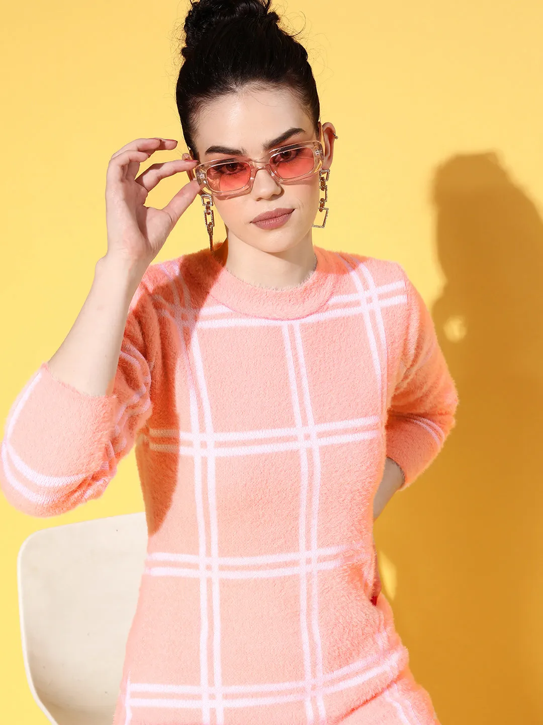 Women Pink & White Check Hair Wool Long Sweater