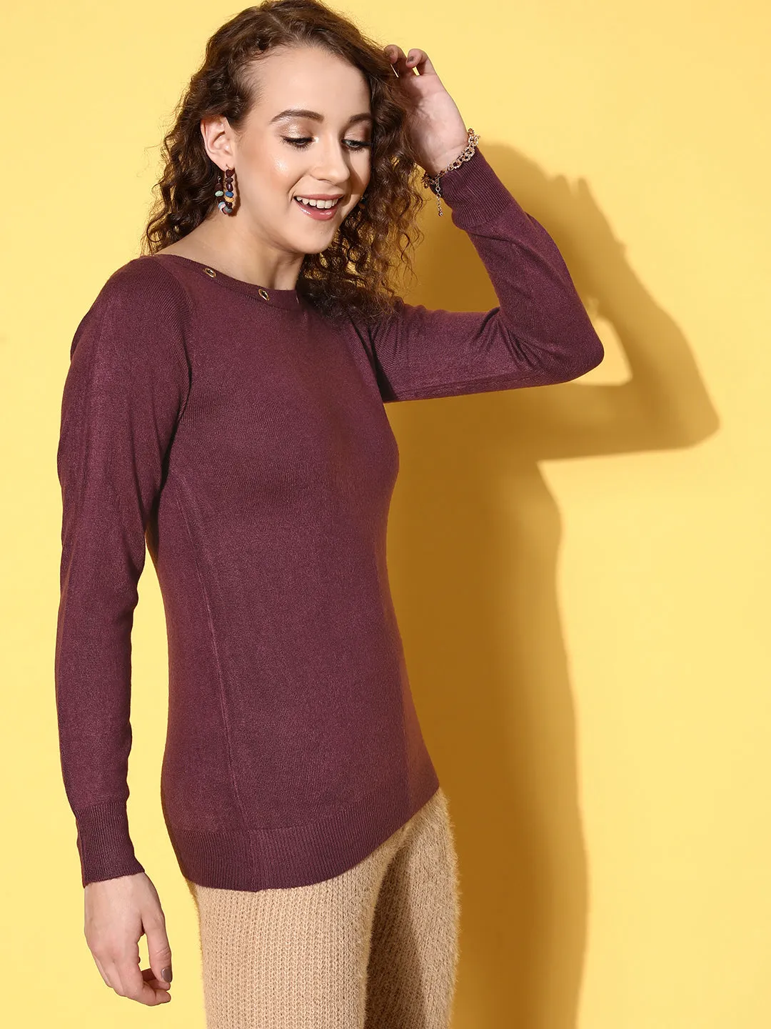 Women Purple Boat Neck Eyelet Sweater