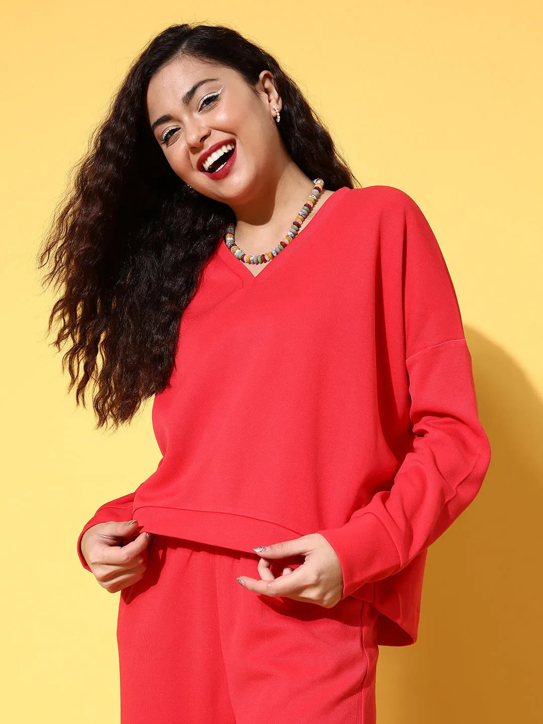 Women Red Rib V-Neck High-Low Sweater Top