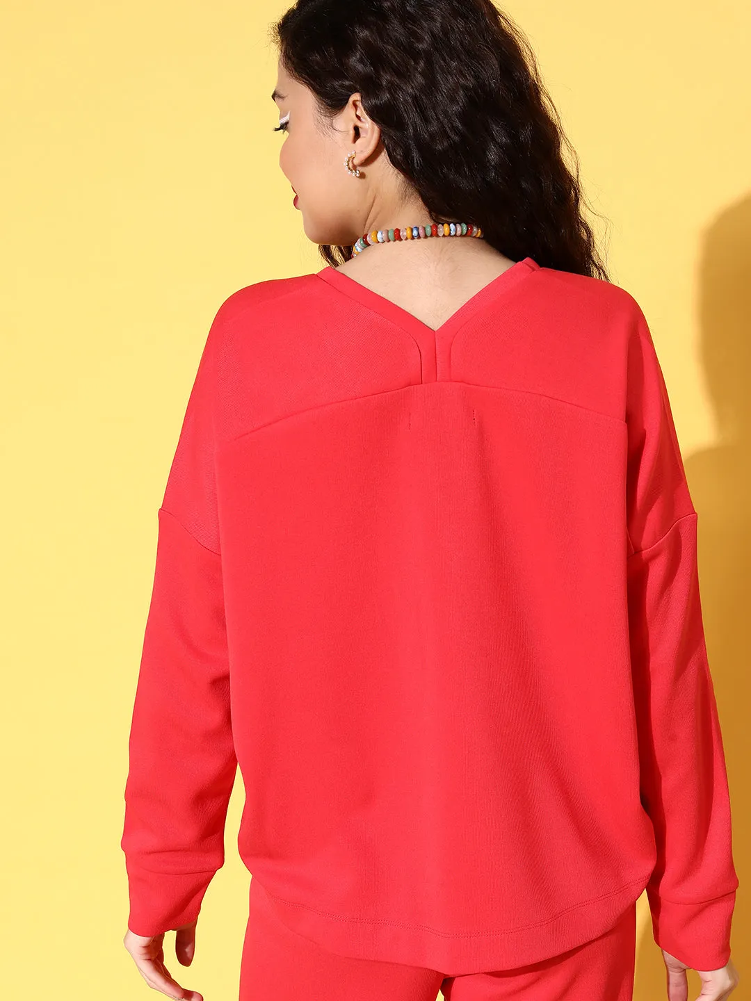 Women Red Rib V-Neck High-Low Sweater Top