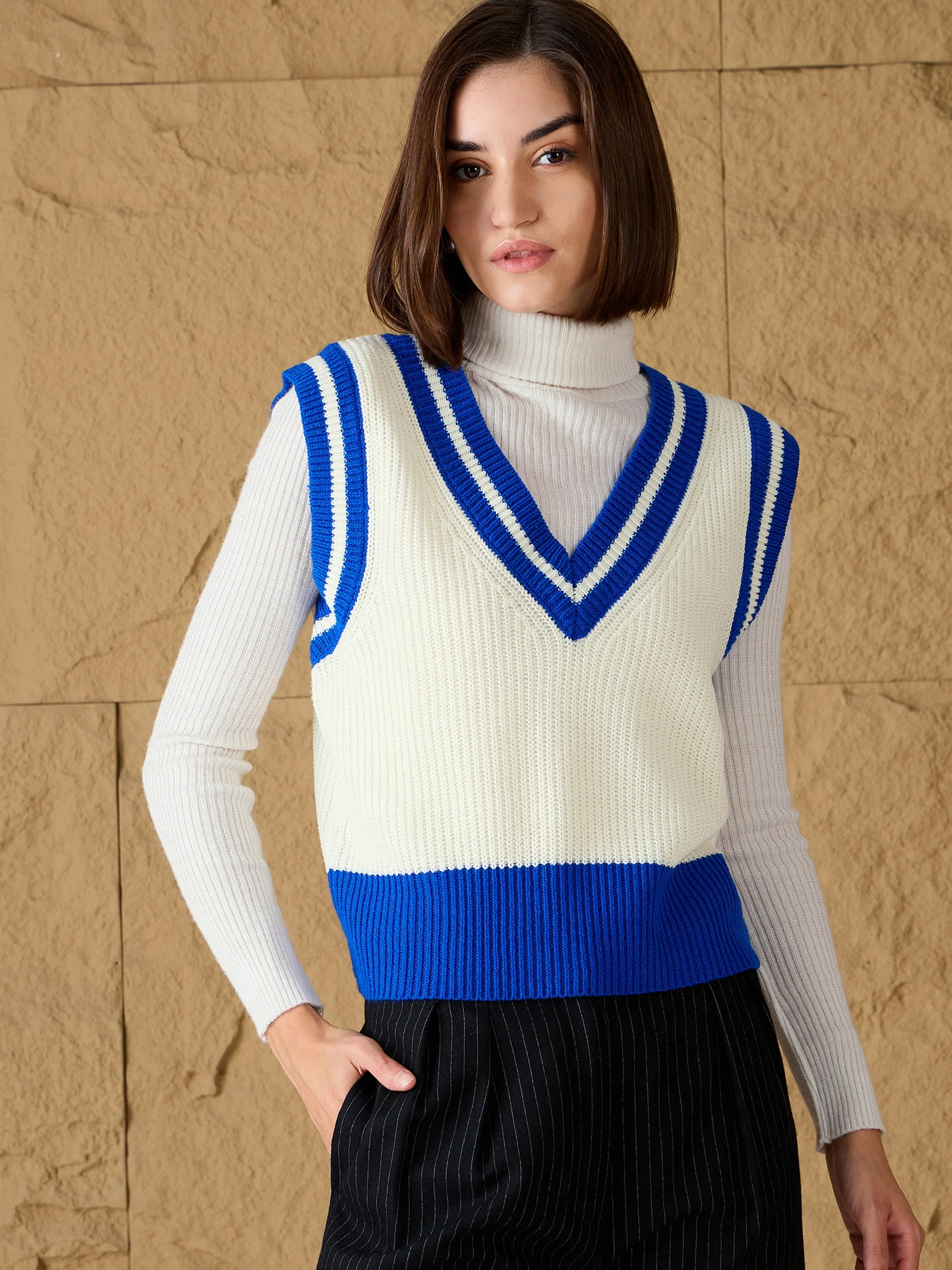 Women Royal Blue & White Striped V-Neck Sweater Vest