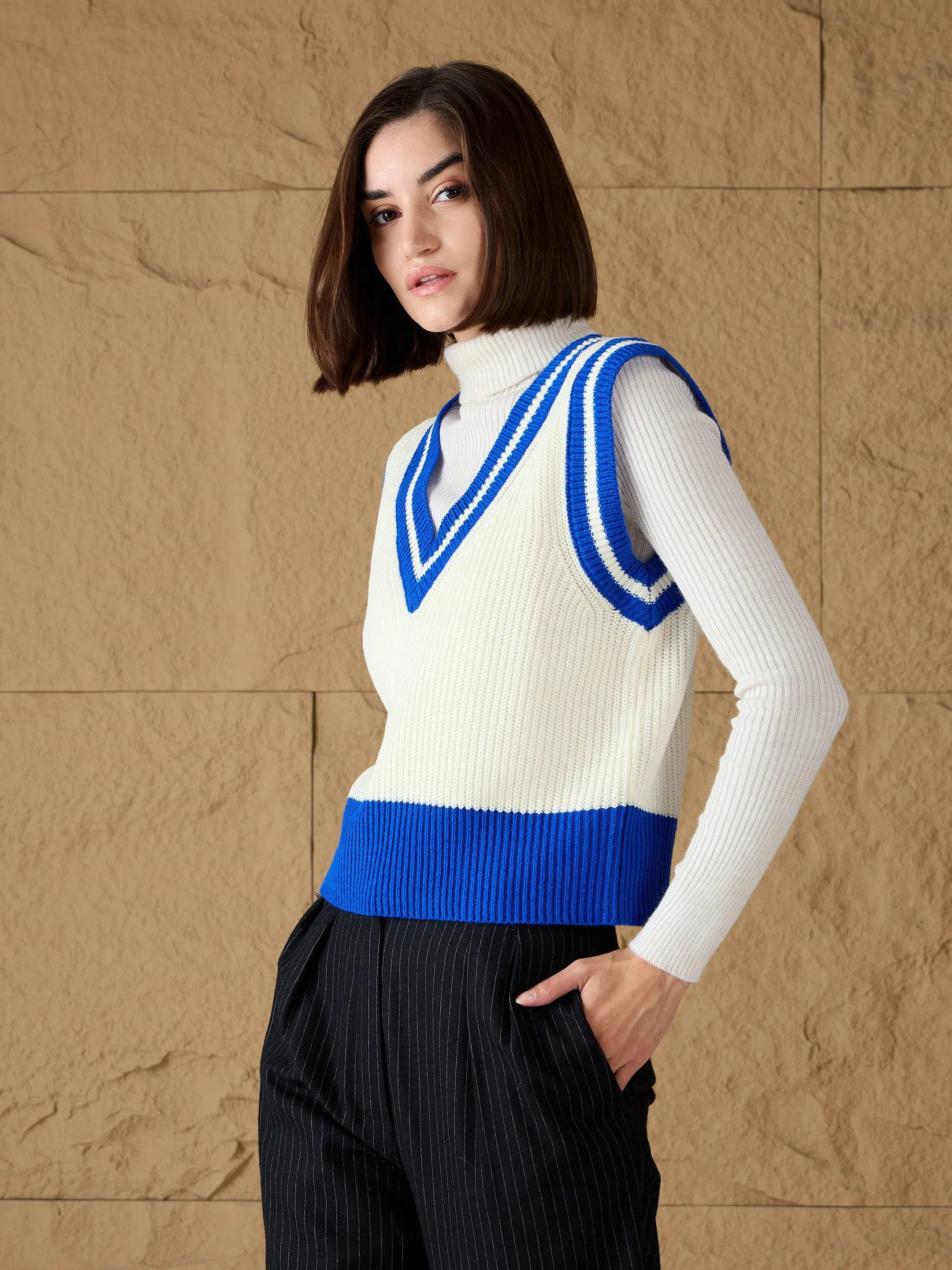 Women Royal Blue & White Striped V-Neck Sweater Vest