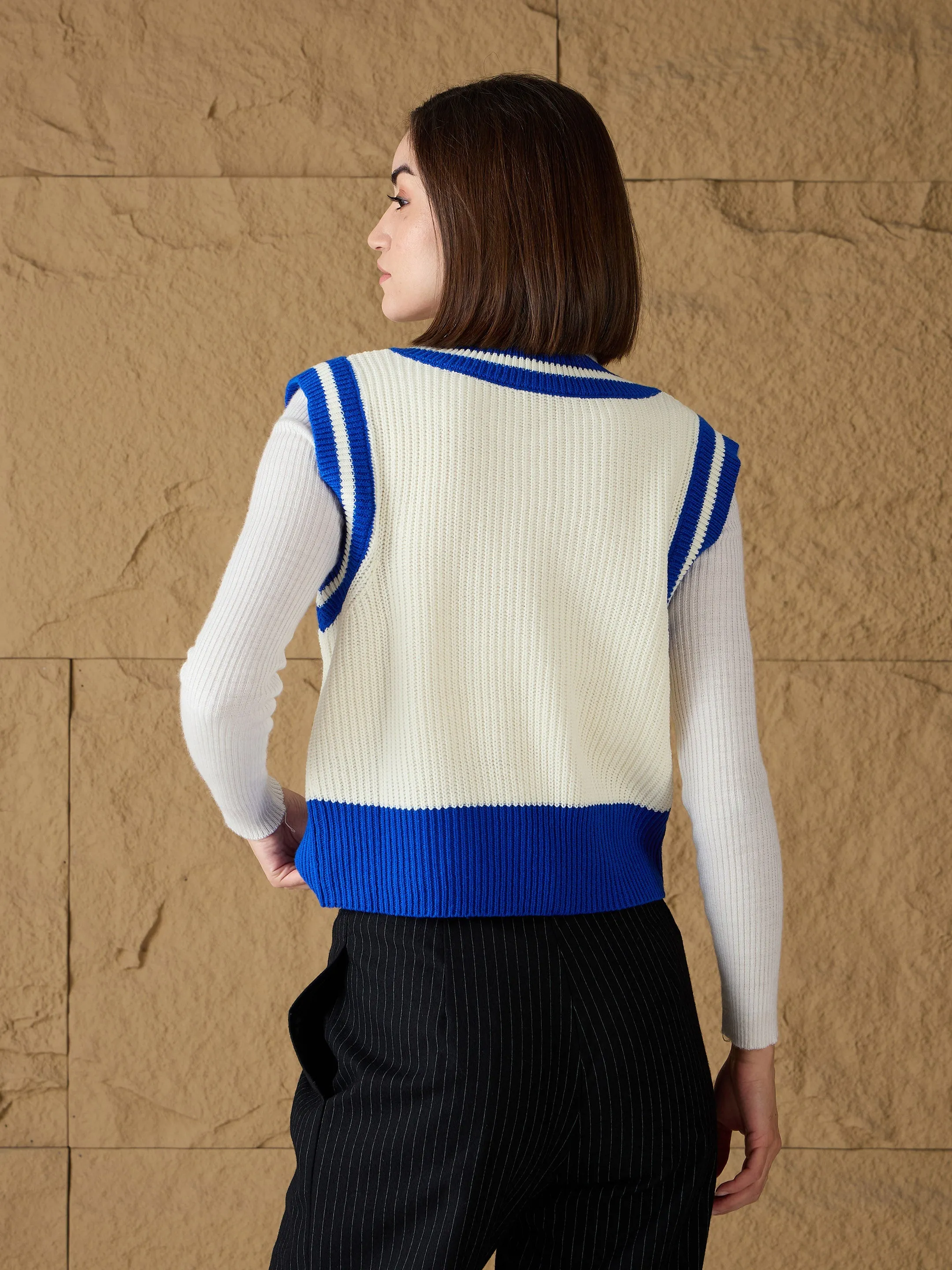 Women Royal Blue & White Striped V-Neck Sweater Vest