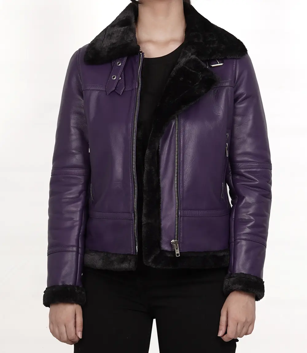 Women's Purple Shearling Leather Bomber Jacket