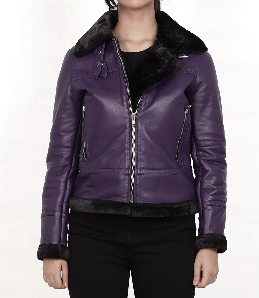 Women's Purple Shearling Leather Bomber Jacket