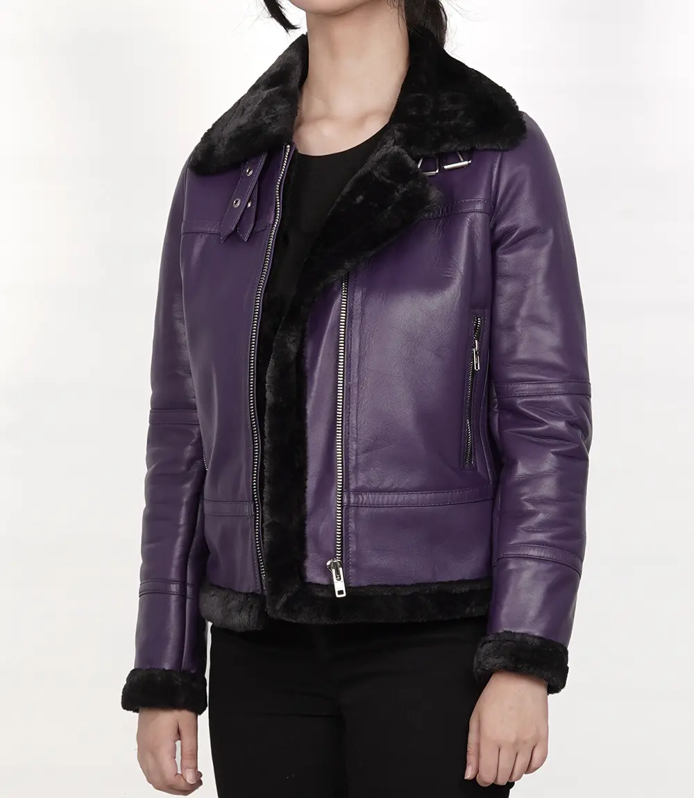 Women's Purple Shearling Leather Bomber Jacket