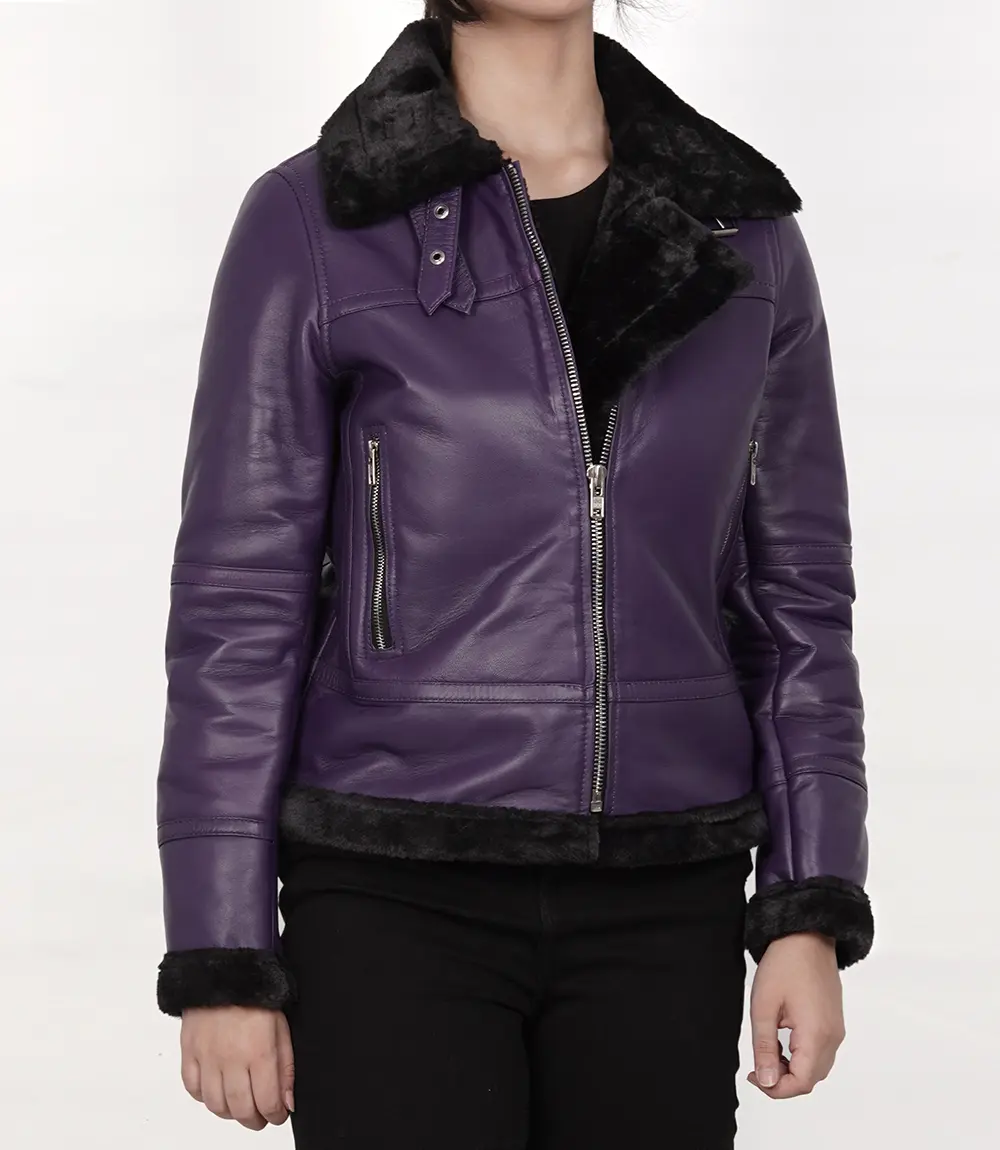 Women's Purple Shearling Leather Bomber Jacket