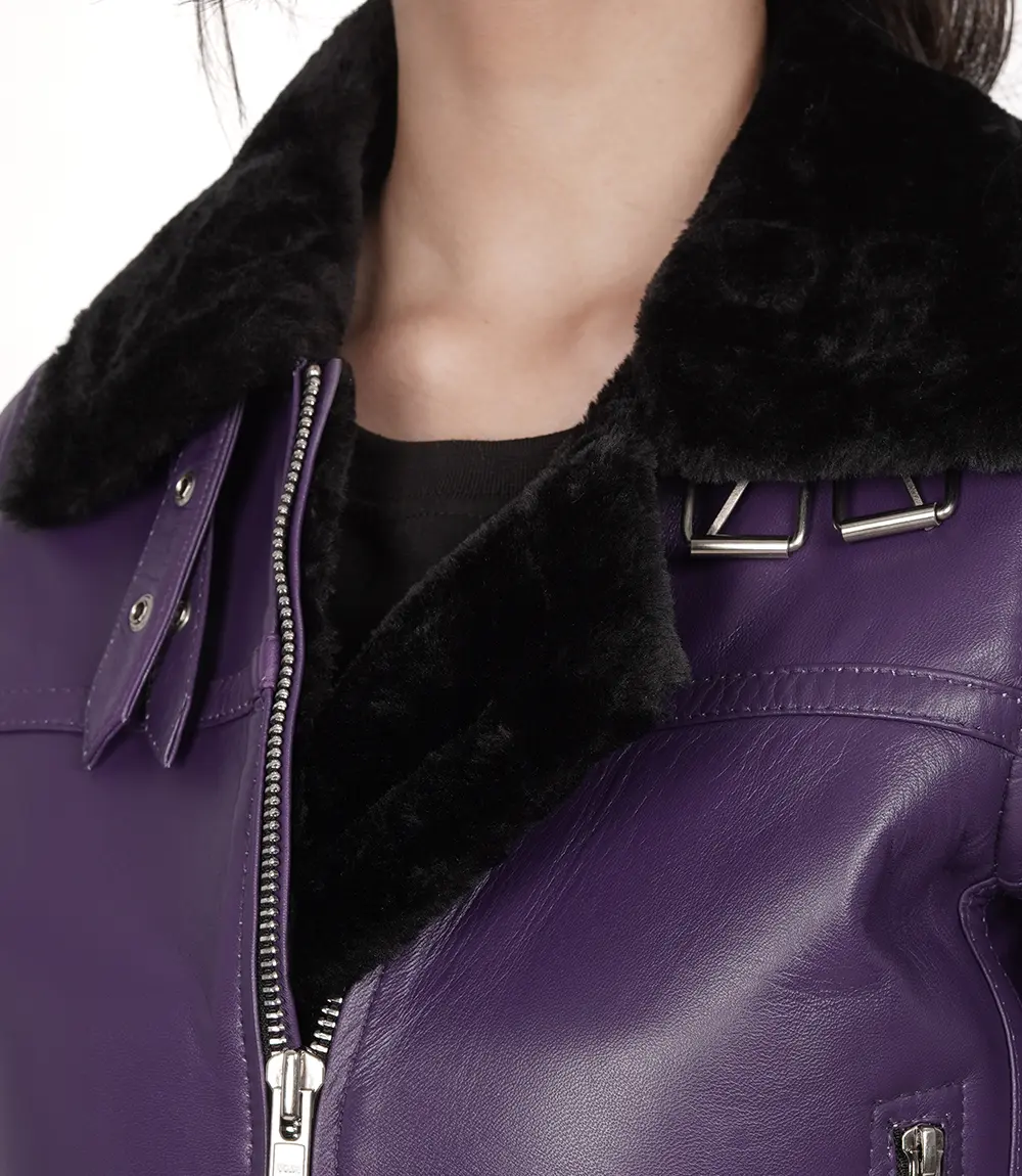 Women's Purple Shearling Leather Bomber Jacket