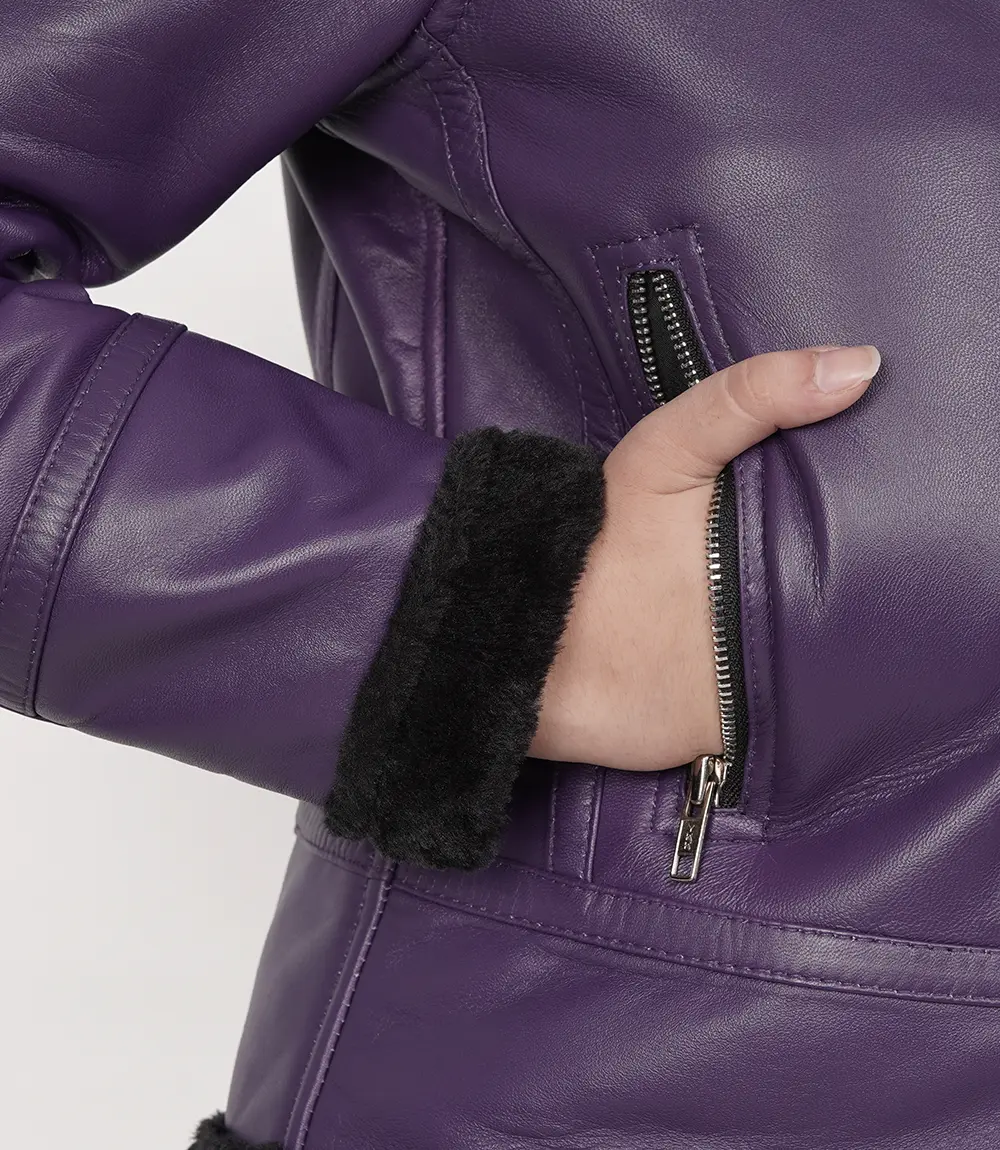 Women's Purple Shearling Leather Bomber Jacket