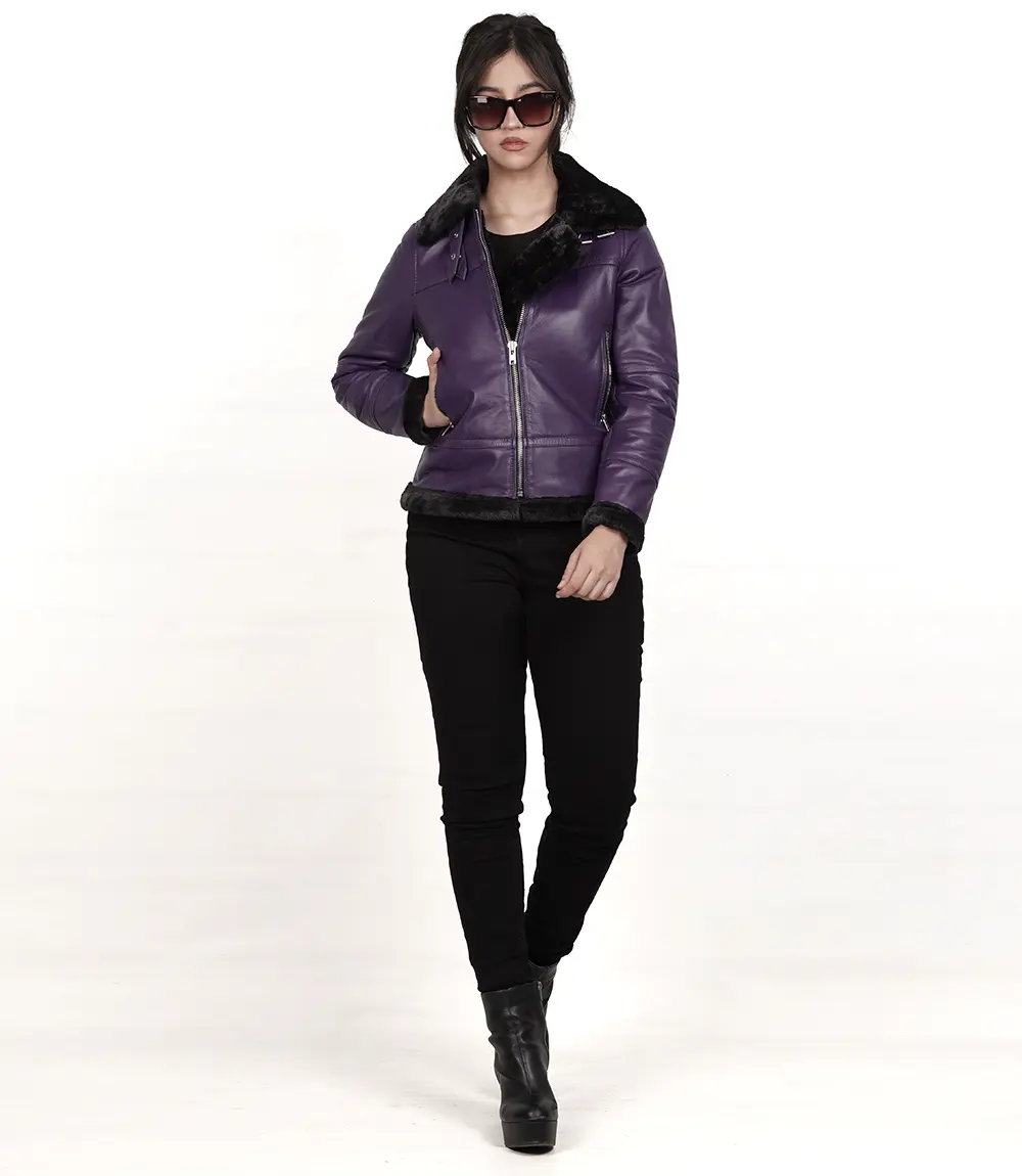 Women's Purple Shearling Leather Bomber Jacket