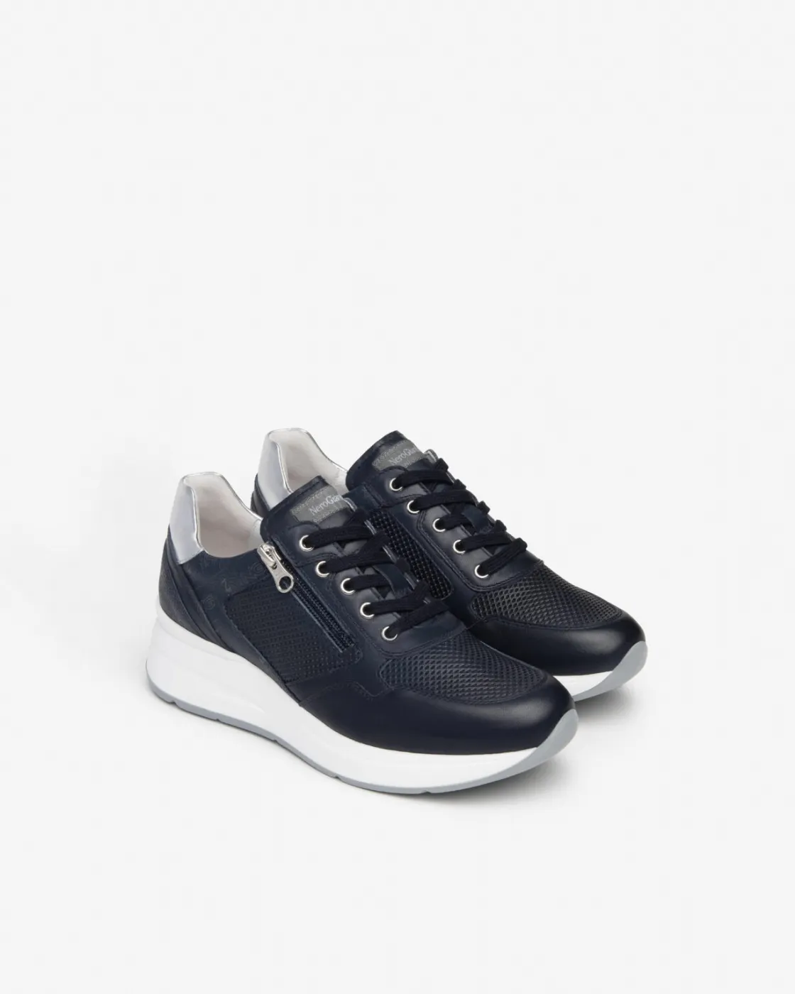 Women's Blue Leather Zip Sneakers E409840D/200 by Nerogiardini.